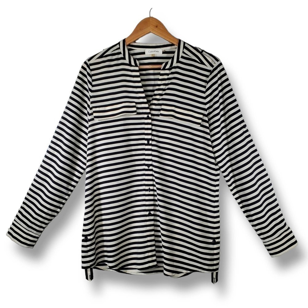 Calvin Klein Roll Tab Striped Long Sleeve Button Down Blouse Size Small
